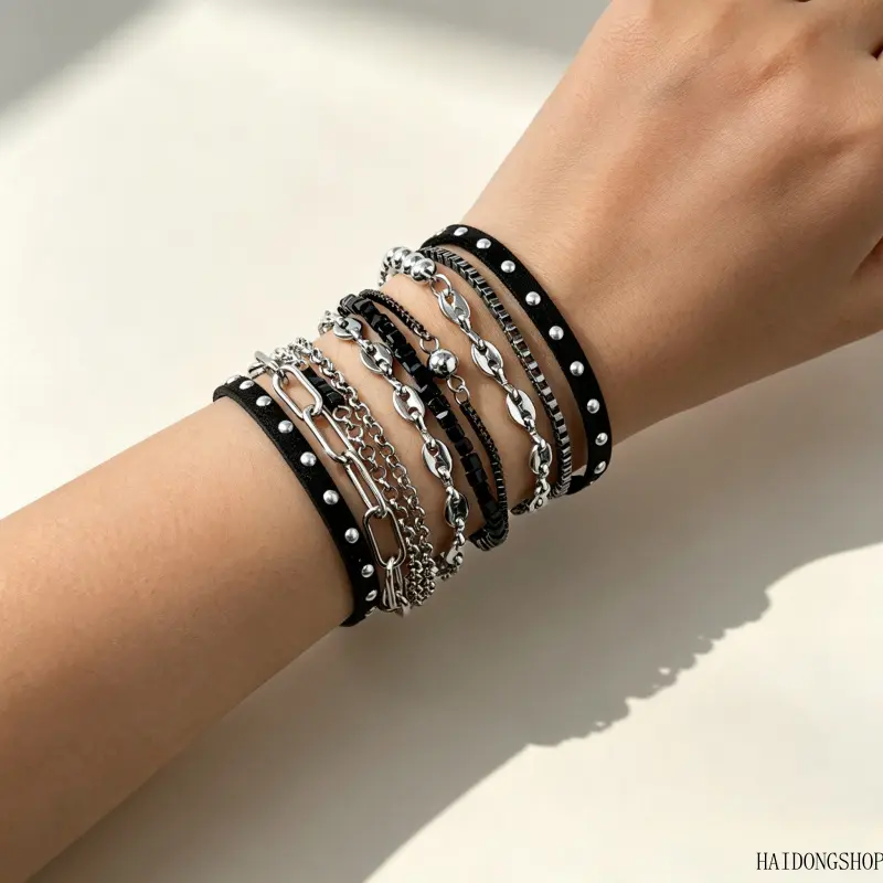 Y2K Viral Grunge Punk Gothic Leather & Metal Bracelet Set For Women, Minimal Edgy Stackable Wrist Jewelry, Indie Accessory For Club Street Dating Daily Outfit Styling