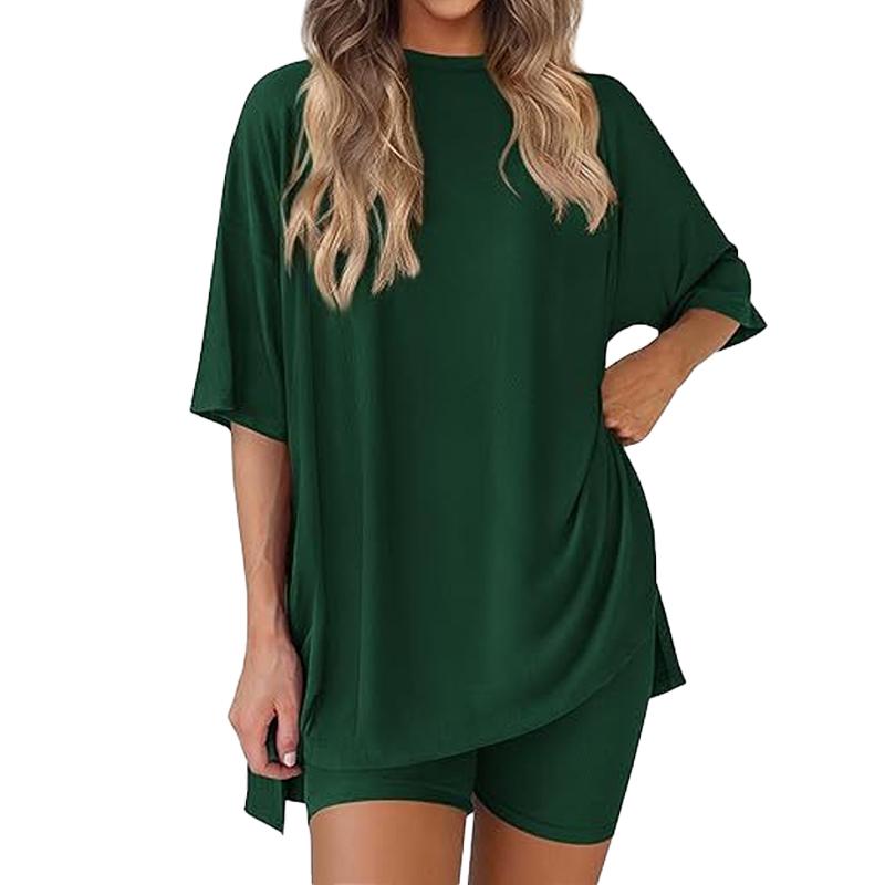 Women's Summer Casual Solid Color Crew Neck Slit Loose Short Sleeve Top with Pocket, Shorts Set Comfy Loungewear for Home Women's Summer Casual Solid Color Crew Neck Slit Loose Short Sleeve Top with Pocket, Shorts Set Comfy Loungewear for Home