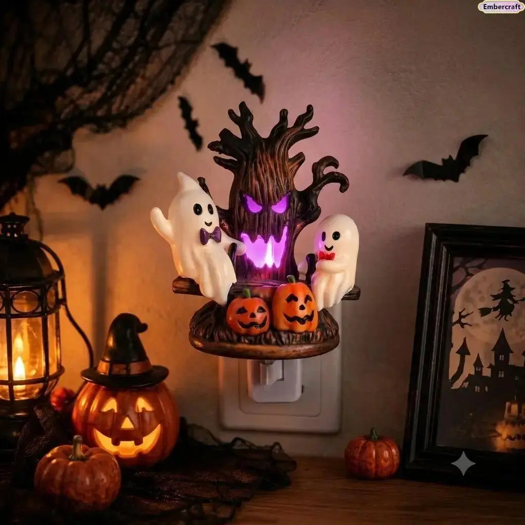Viral Halloween Ghost Night Light, Cute Aesthetic Swinging Ghost Lamp with Resin Collectible Figurine Design, Spooky LED Decor for Bedroom Desk Living Room, Unique Haunted House Decoration & Fun Gift Idea for Halloween Party Home Decor