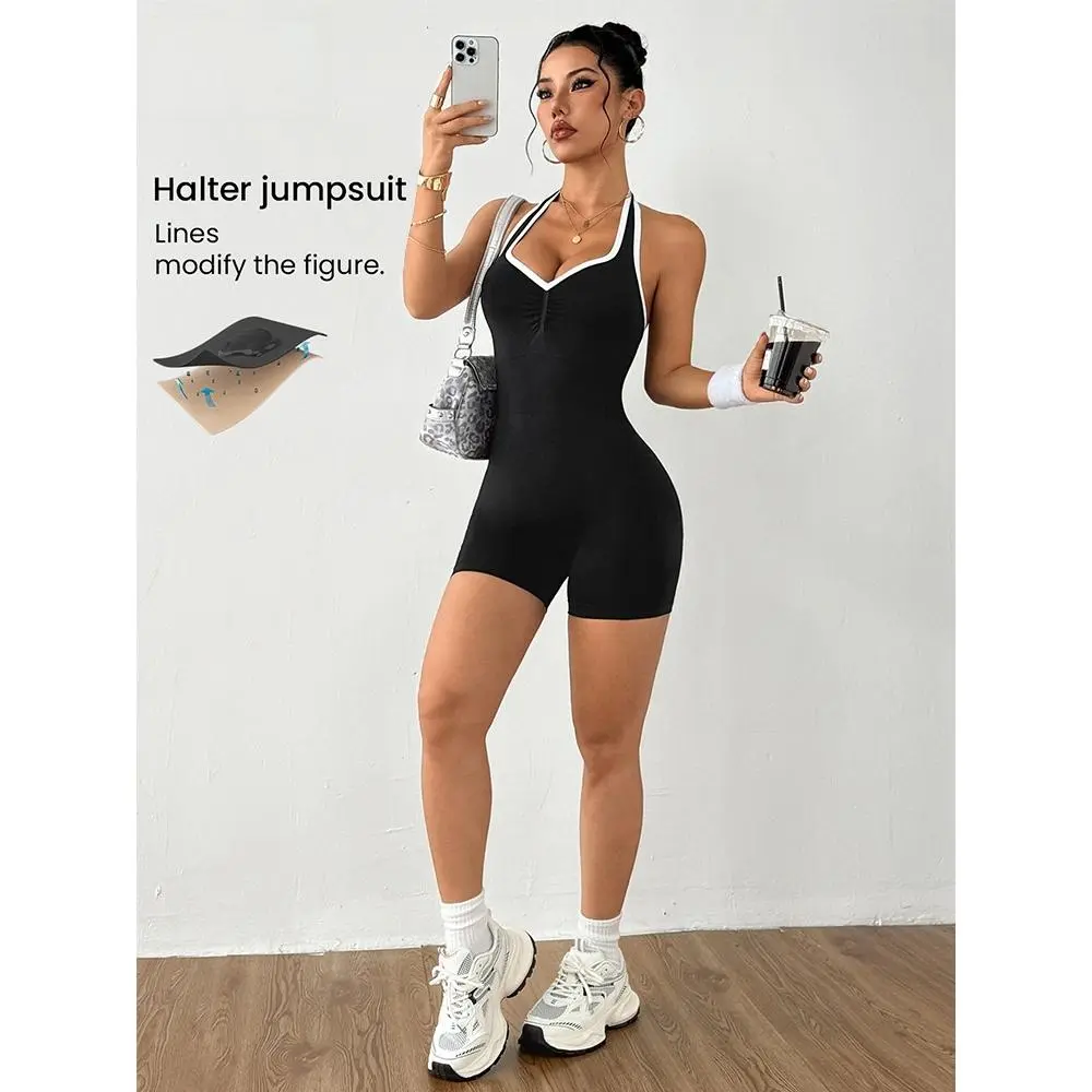 Women's Color‑Trim Halter Yoga Short Jumpsuit, Heart Neck Cutout Back One‑Piece Workout Romper, Seamless Quick‑Dry Stretch Activewear with Built‑in Bra for Gym & Pilates