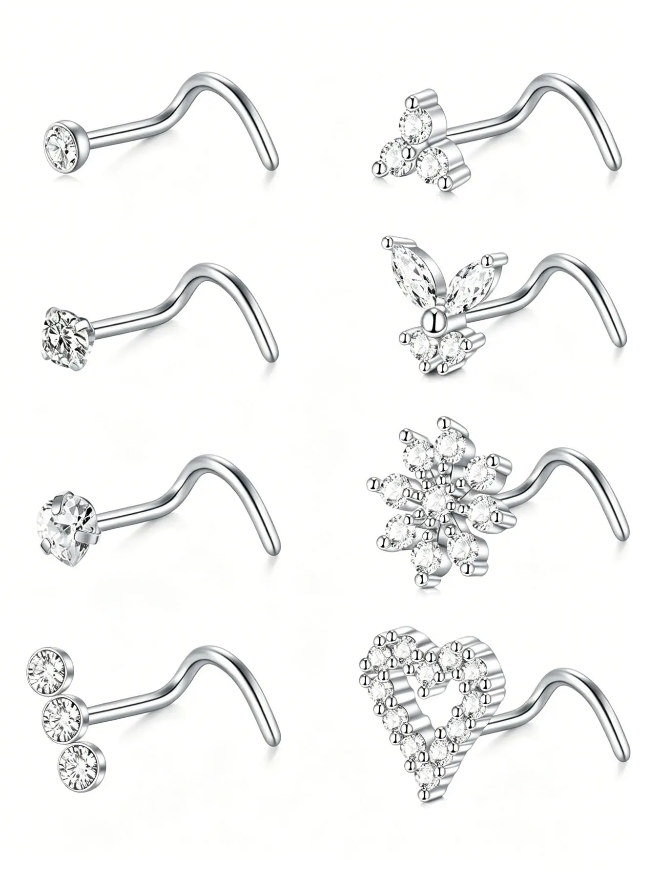 316L Surgical Stainless Steel Nose Ring Stud Set, 8 Styles CZ Butterfly/Flower/Heart Curved Nose Piercing Jewelry Gems Nose Ring, Silver & Gold Plated Hypoallergenic Reusable 18G Nose Studs for Women Men