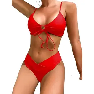 Women's Sexy V-Cut Bikini Set, 2 Piece String High Cut Swimsuit, Solid Cheeky Lace Up Bathing Suit, Swimsuit Top, Bathing Suit Women Set