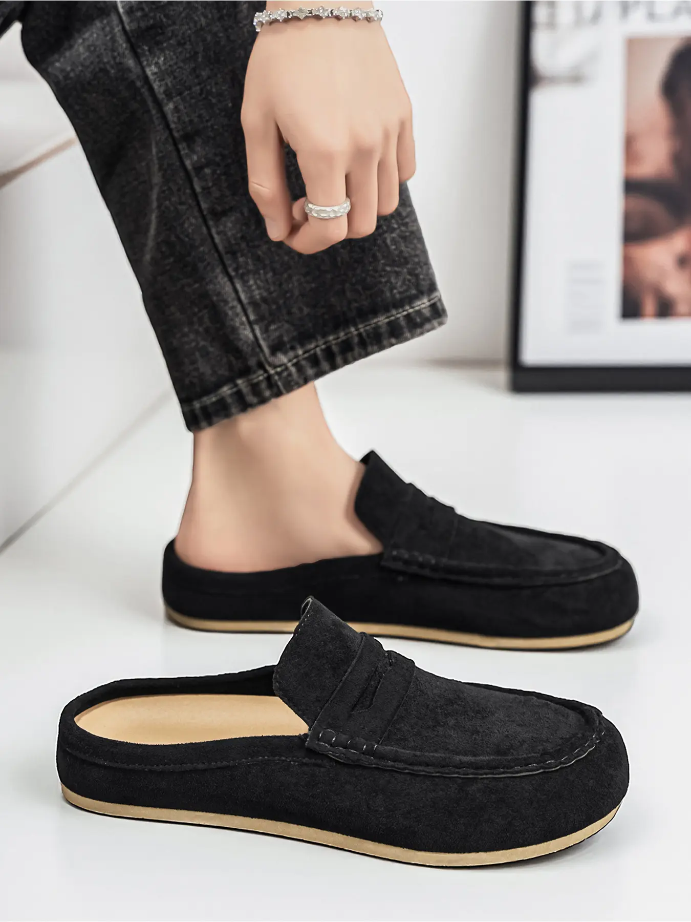 Men Classic Suede Backless Loafer Mules, Soft Comfort Closed Toe Slip-On Slippers, Lightweight Non-slip Flat Casual Shoes for Office Commute, Indoor Home & Outdoor Walking