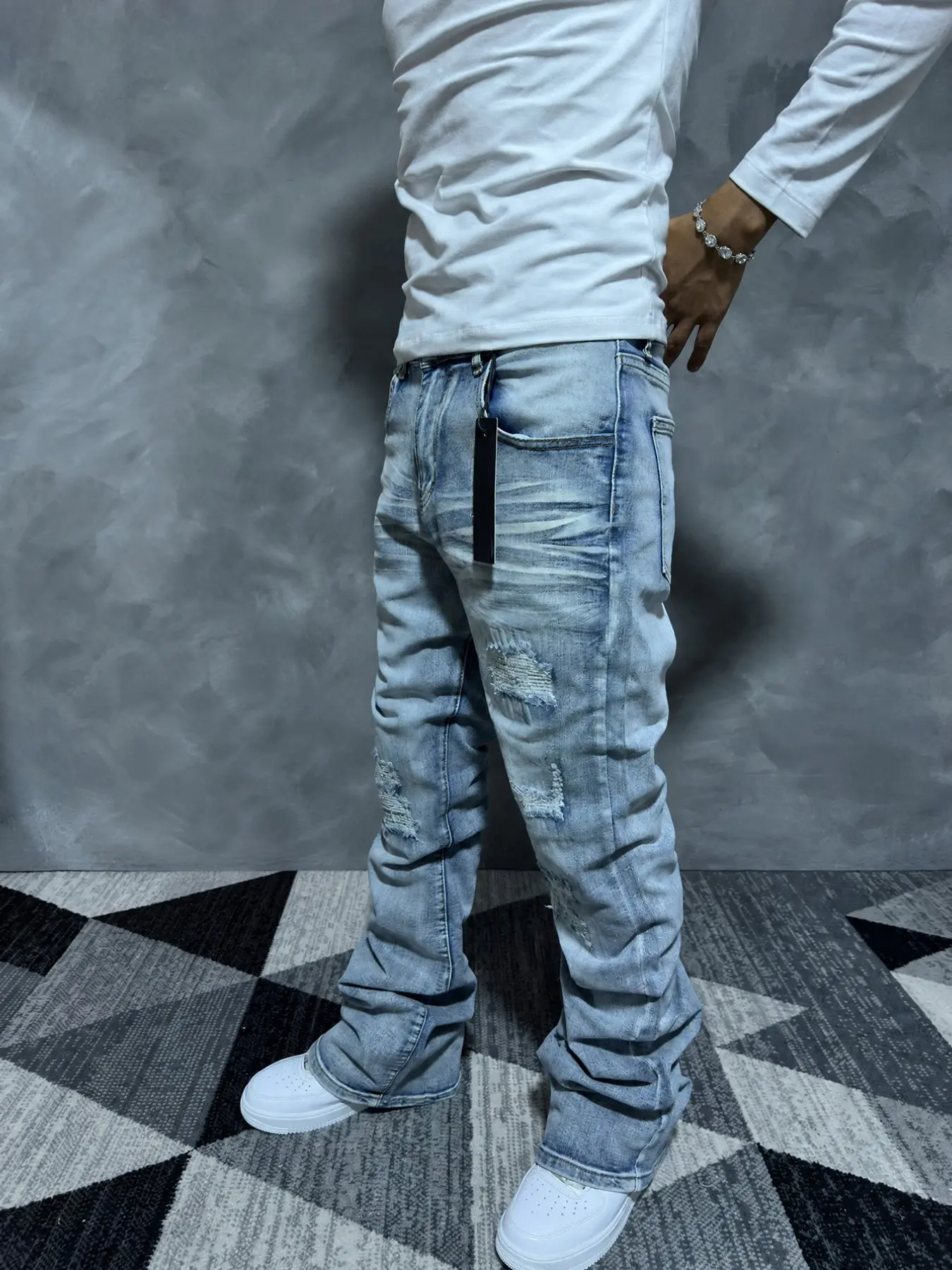 Men's Micro Flare Jeans, Loose-Fitting Button Fly Denim, Solid Color Y2K Style Streetwear, All-Season Wear, Washed Fabric, Patchwork Design, Pants, Menswear