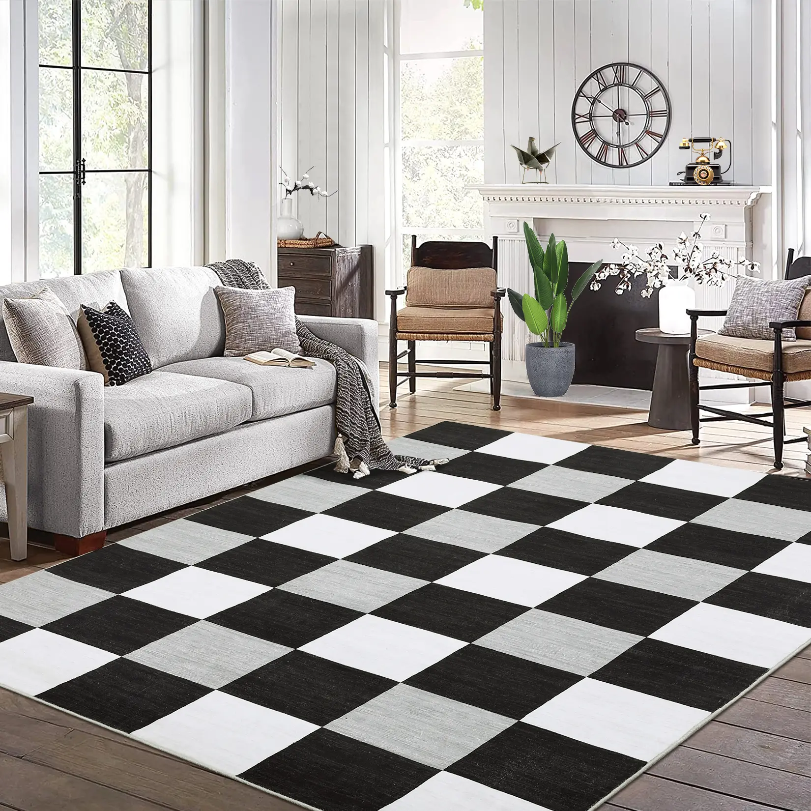 Machine Washable Geometric Checkered Area Rugs, Soft Non Slip Living Room Bedroom Rug Low Pile Ultra Thin Large Throw Carpet Mat for Dining Room Farmhouse Office