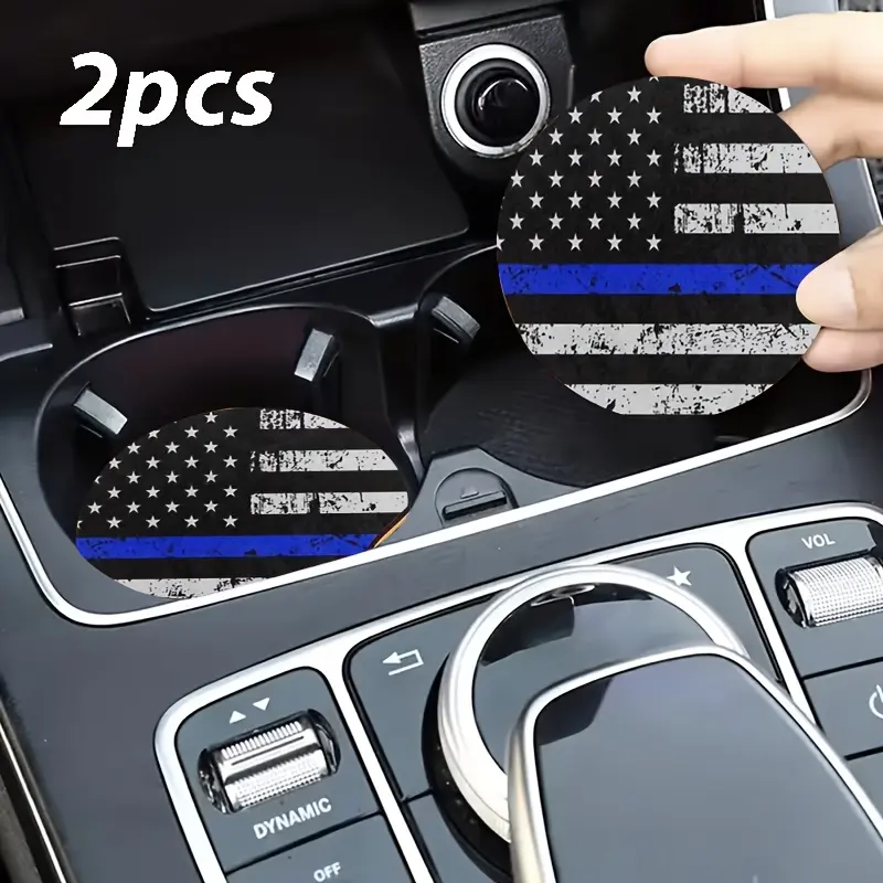Car Coasters, Set of 2, Blue Line Stars and Stripes Pattern, Non-Slip Car Cup Holder Mat, PVC Material, Waterproof and Heat-Insulating Cup Slot Pad, Round, 2.76inch Universal Size, Car Cup Holder Decorative Mat, Distressed American Style Design