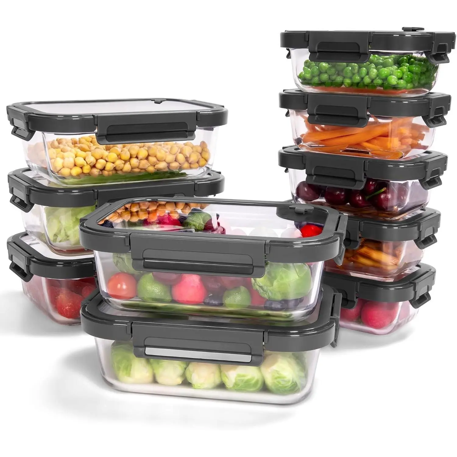 10-Pack Borosilicate Glass Food Storage Set for Kitchen, Tempered Airtight Lids, Oven-Safe (-4°F~950°F), BPA-Free, 4.4 & 1.6 Cup, Leak-Proof, Dishwasher-Safe, Stackable Sets (Gray)