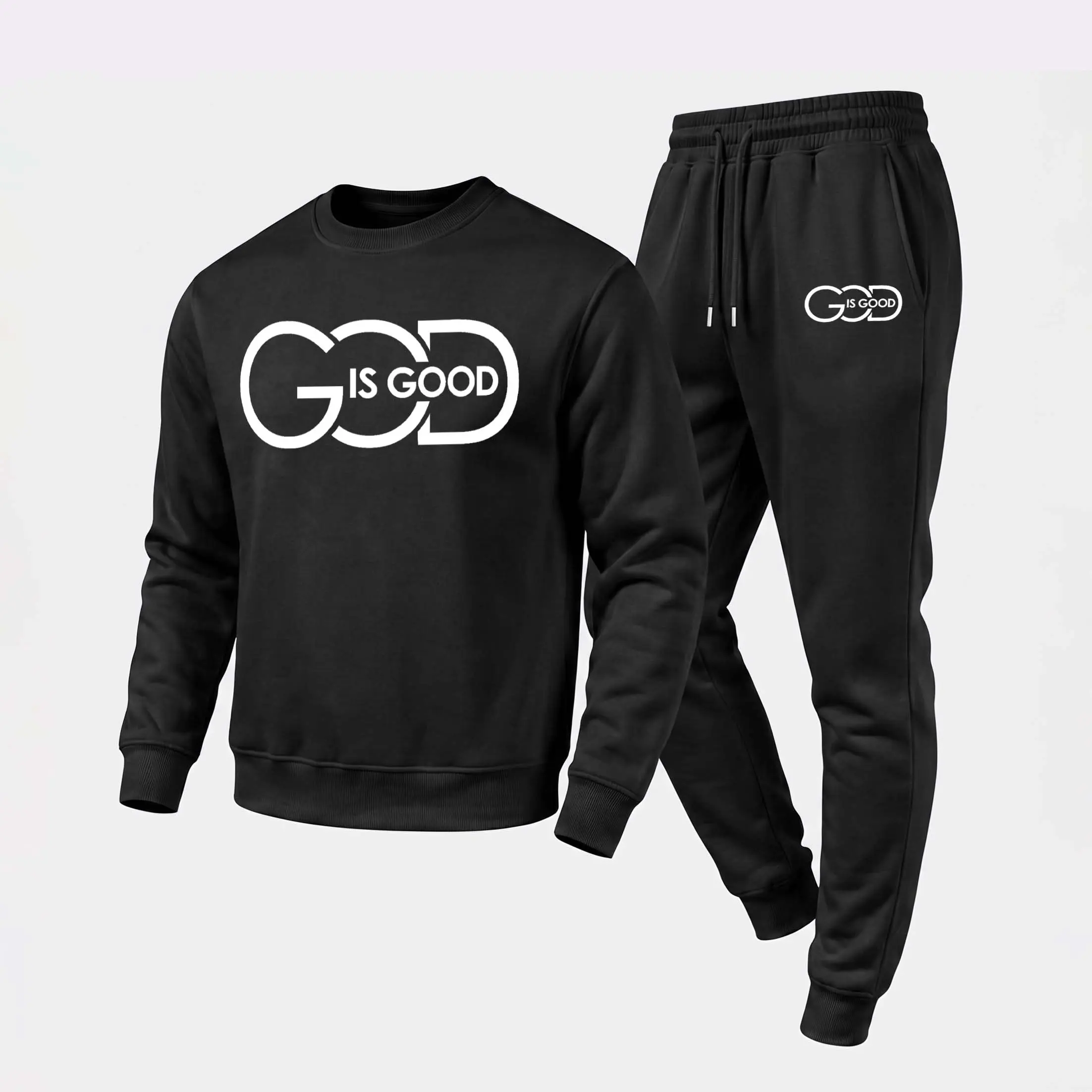 Men's God Is Good Graphic Crewneck Sweatshirt and Jogger Pants Set, Casual Long Sleeve Pullover with Drawstring Sweatpants, Fall Winter Tracksuit for Daily Wear, Travel, Lounge, Workout and Indoor Outdoor Activities