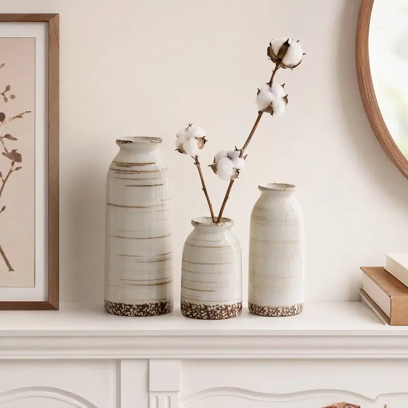 Three-Piece Ceramic Vase Set, Modern Rustic Floral Decor, Large Medium Small Sizes, Living Room Desk Centerpiece, Bookshelf Fireplace Shelf Flower Vases
