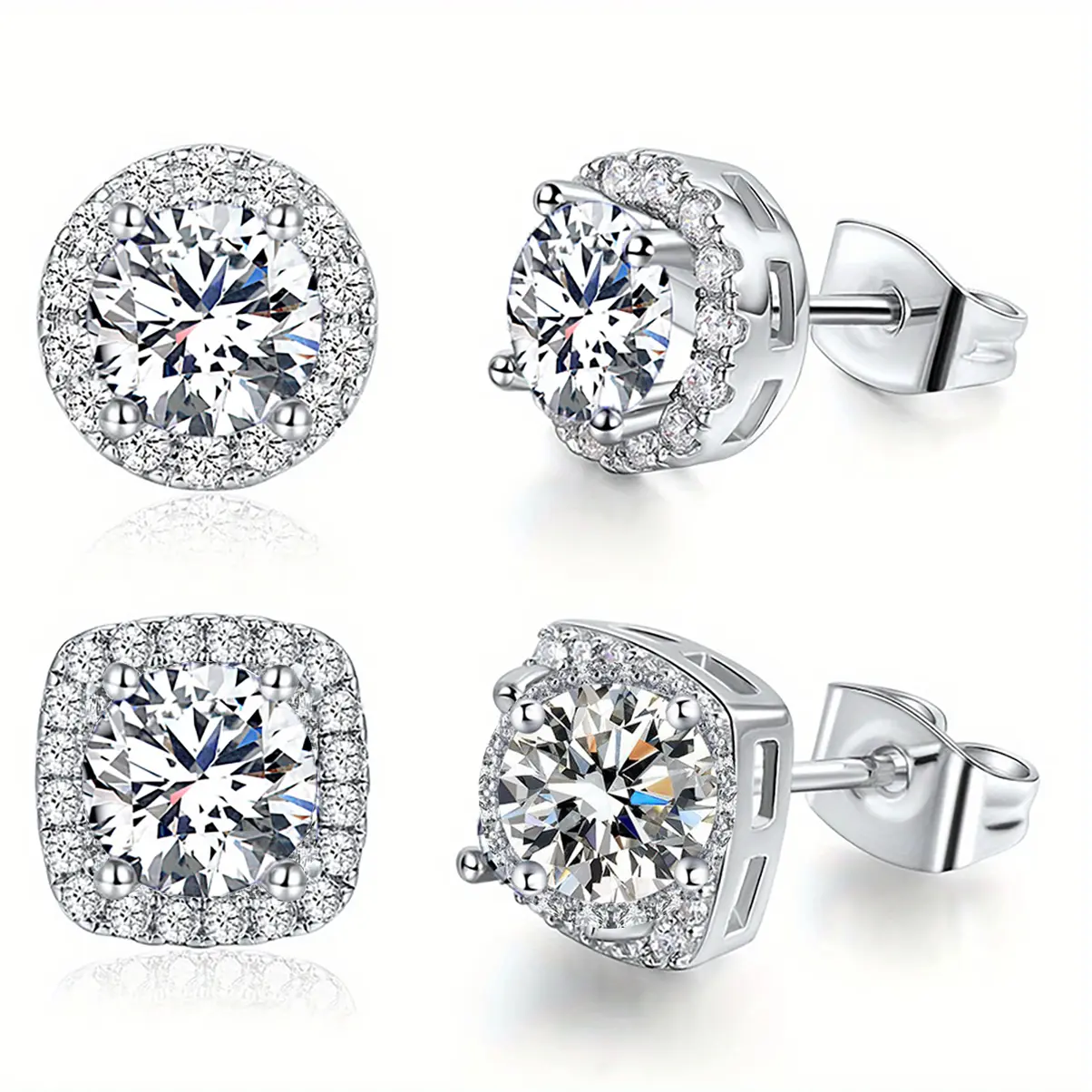 2 pairs of s925 silver earrings - unisex, hypoallergenic, and luxurious jewelry, featuring moissanite and zircon inlays, in round and square designs, ideal for both party and everyday fashion, and versatile as a gift or accessory