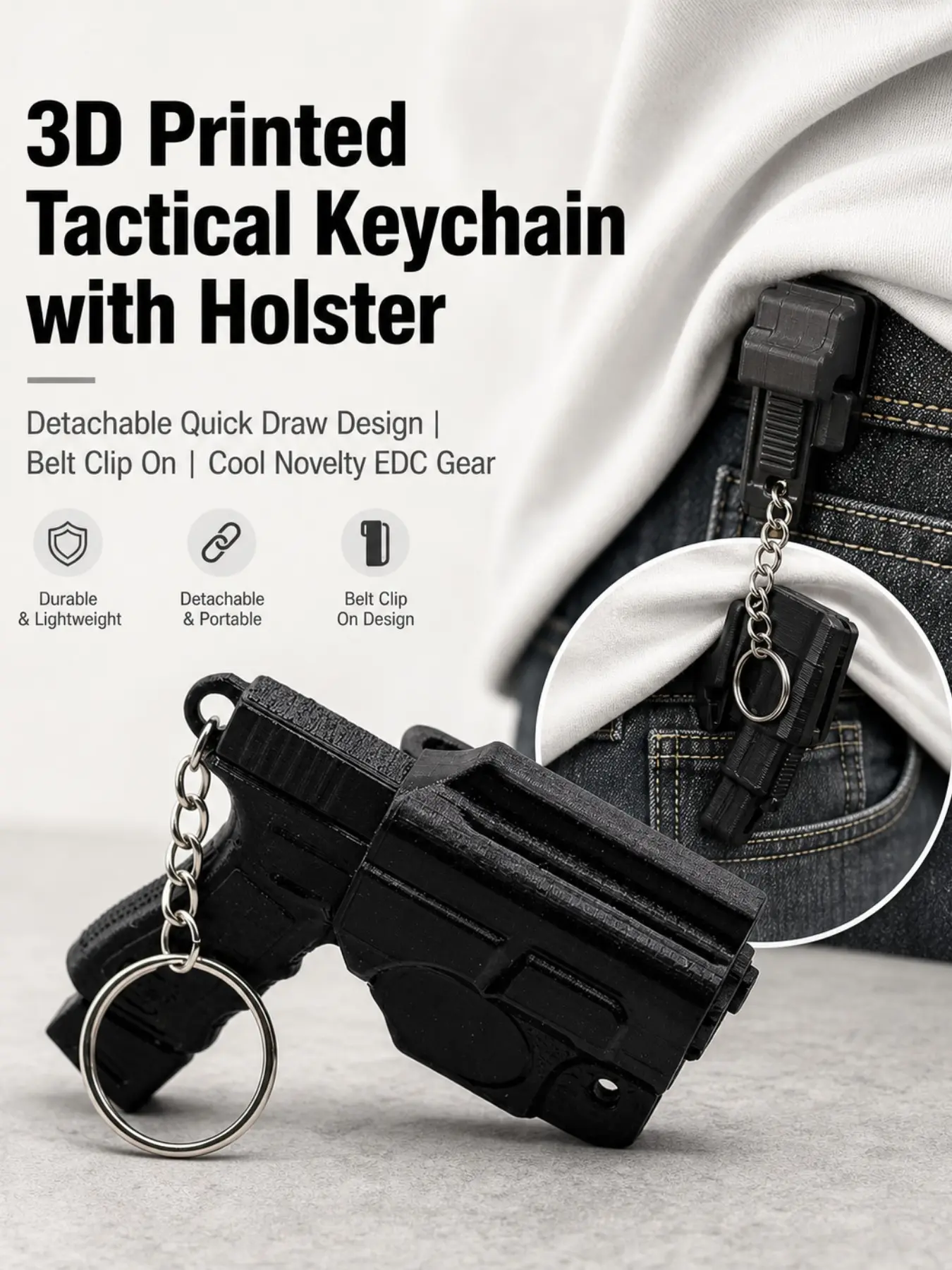 3D Printed Mini Tactical Pistol Keychain with Quick Draw Detachable Holster Belt Clip, Realistic Handgun EDC Key Holder, Novelty Military Fan Gift Pocket Key Organizer Decorative Pendant, Birthday Gag Gift for Men Boys Gun Lovers EDC Gear Accessories