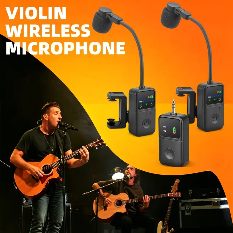 Double violin wireless microphone gooseneck pickup clip on microphone with 1 receiver and 2 transmitter system, equipped with 6.35mm and 3.5mm conversion heads, clip on instrument microphone for violin stage instrument performances