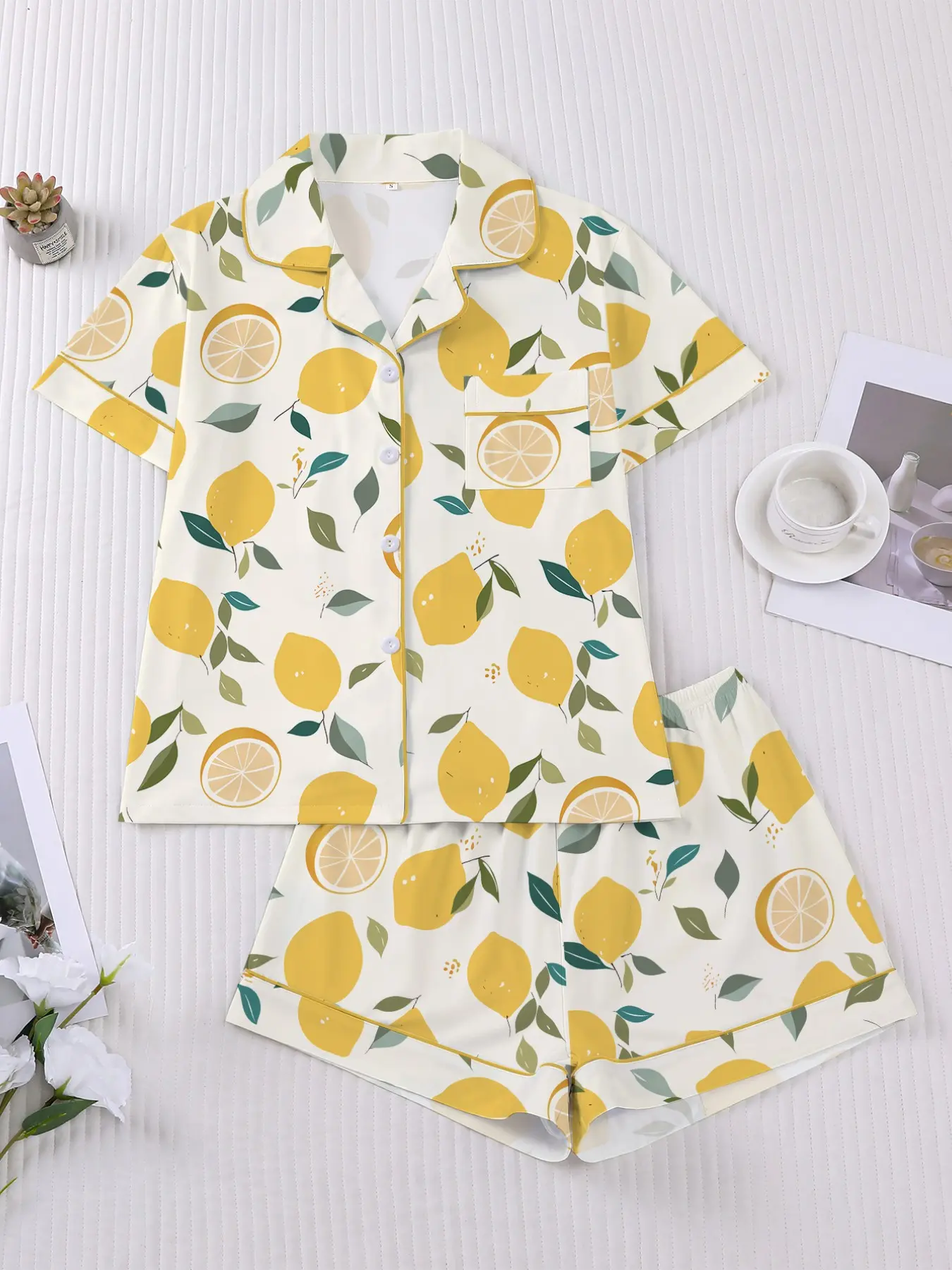 Women's Lemon Print Pajama Set, Short Sleeve Button Shirt & Elastic Shorts, Elegant Fitted Sleepwear, Comfortable Home