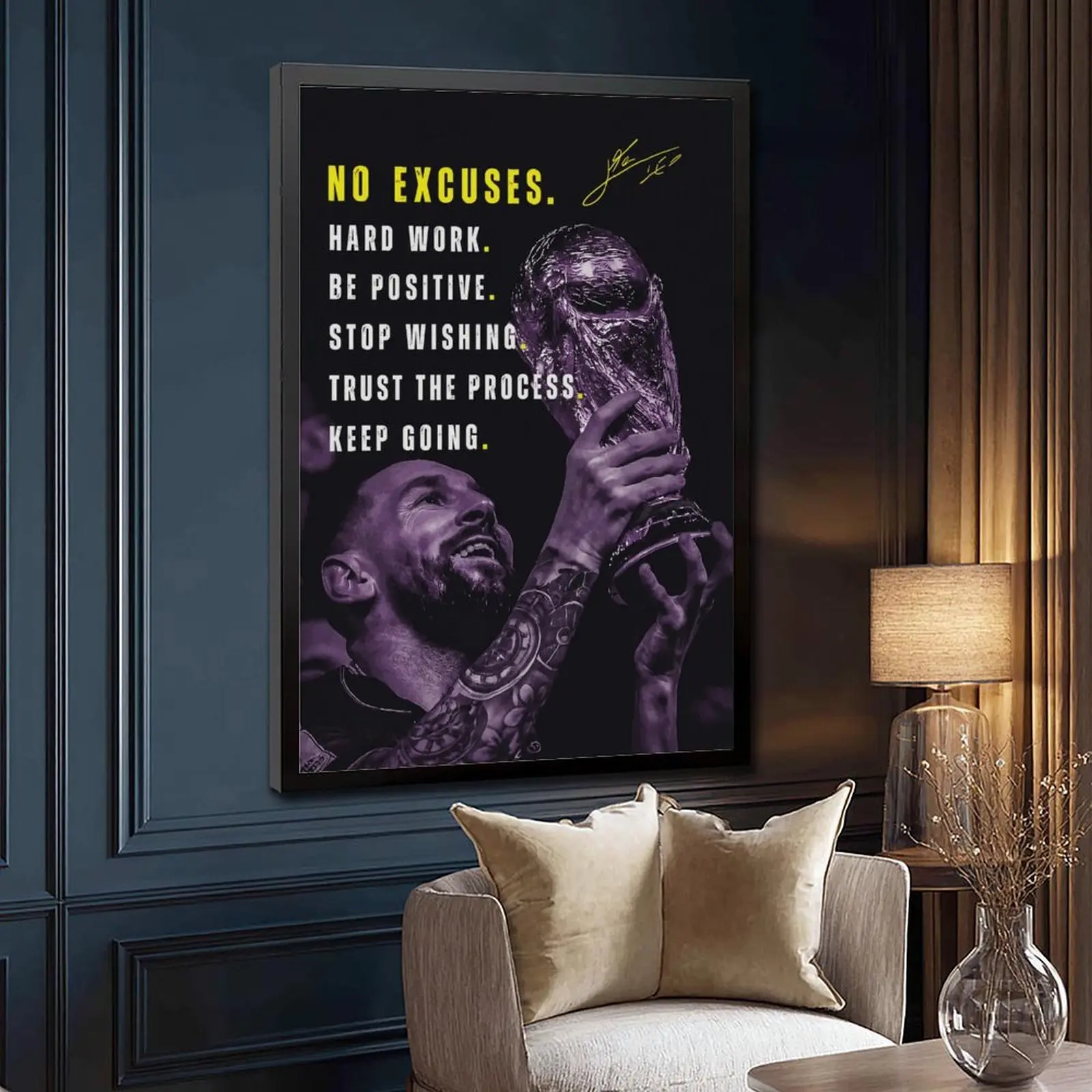 Football Star Poster Decor, Lionel Messi No Excuses Motivational Canvas Wall Art, Perfect Gift for Messi Fans, Messi 10 Poster for Home Bedroom, Dorm, Office, Living Room & Boy Room Wall Decor