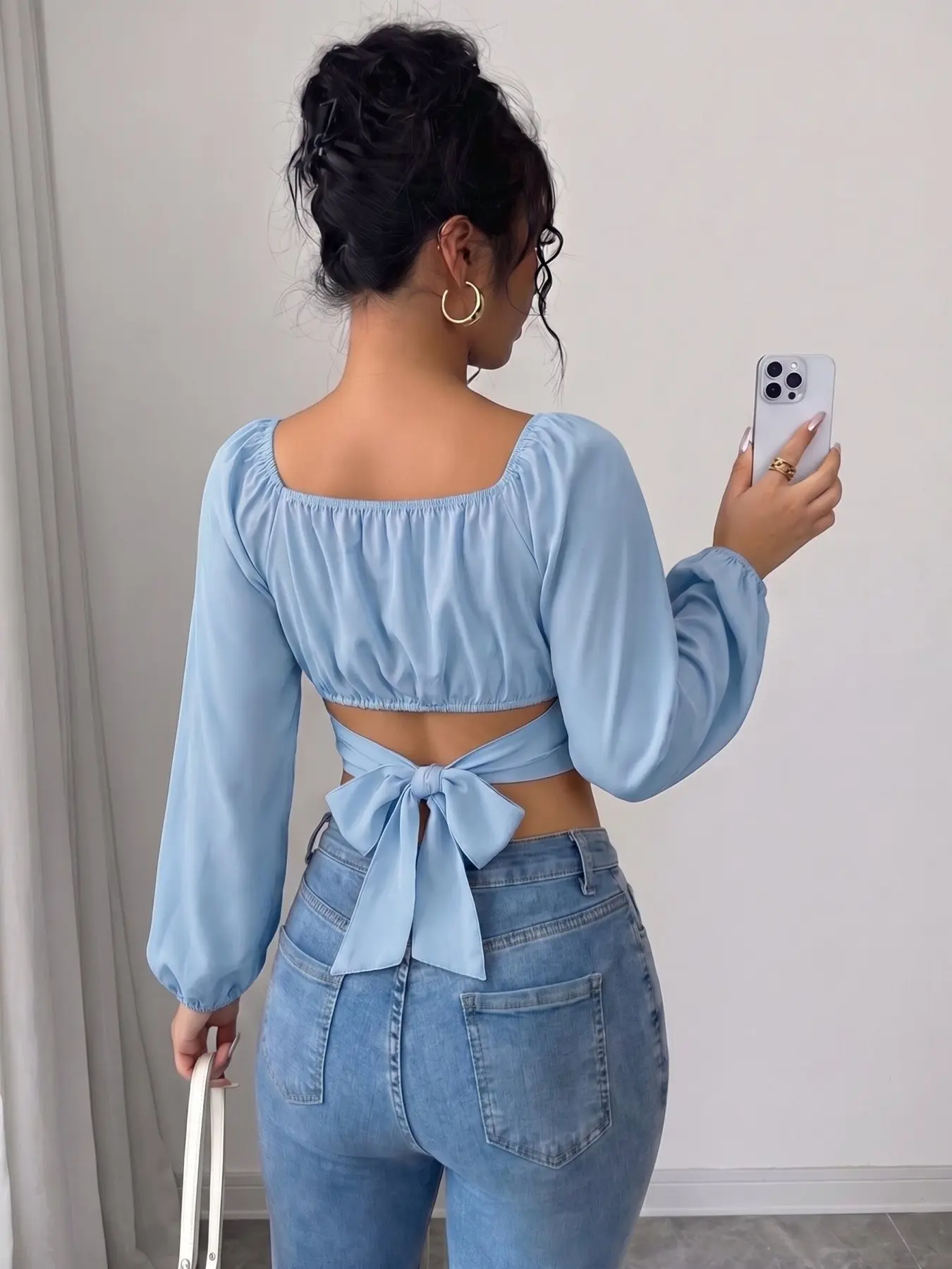 Spring Summer Square Neck Long Sleeve Shirt Blouses, Pure Color Butterfly Knot Design, Women's Beach Vacation Top, Casual Style