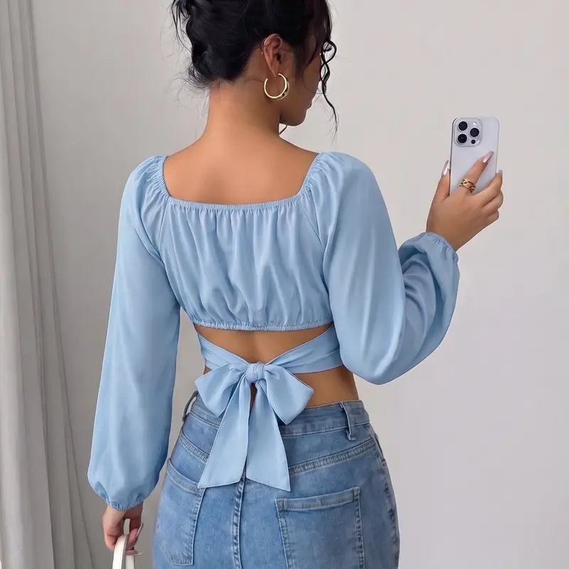 Spring & Summer Square Neck Long Sleeve Crop Top, Plain Back Bow Knot Design, Women's Casual Blouse Shirts