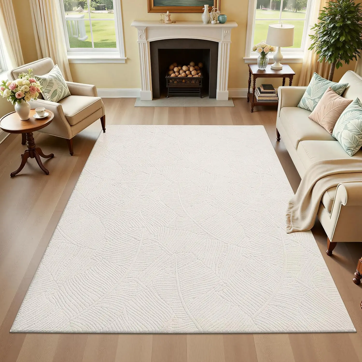 Washable Area Rug for Living Room 5x7 ft, Beige Soft  Tropical Leaf Carpet with Non Slip Backing, Low Pile Rugs for Bedroom Dining Room Indoor  Office