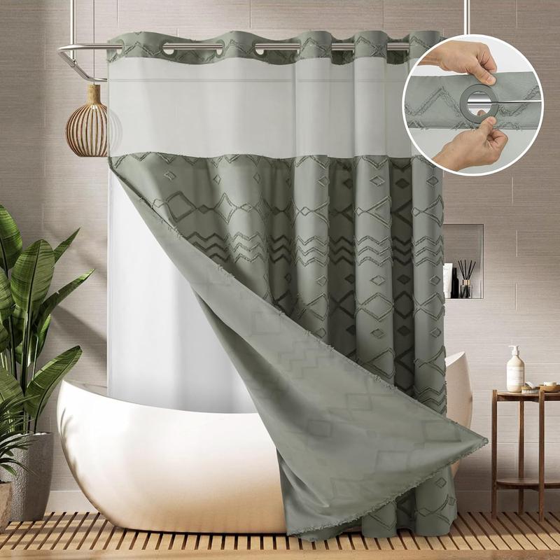 No Hook Shower Curtain with Snap in Liner SimpleStyle Double Layer Waterproof Inner Liner White Cloth 72x75 Inch Machine Washable Easy Care Dark Brown
