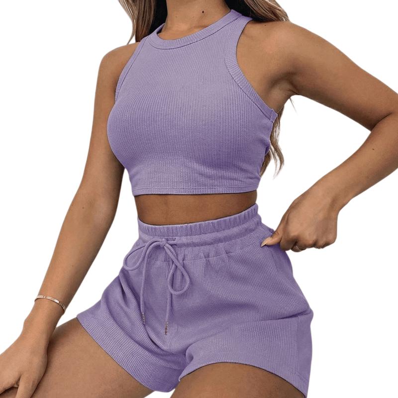 Women's 2-Piece Waffle Knit Lounge Set - Crop Tank Top & Drawstring Shorts Outfit