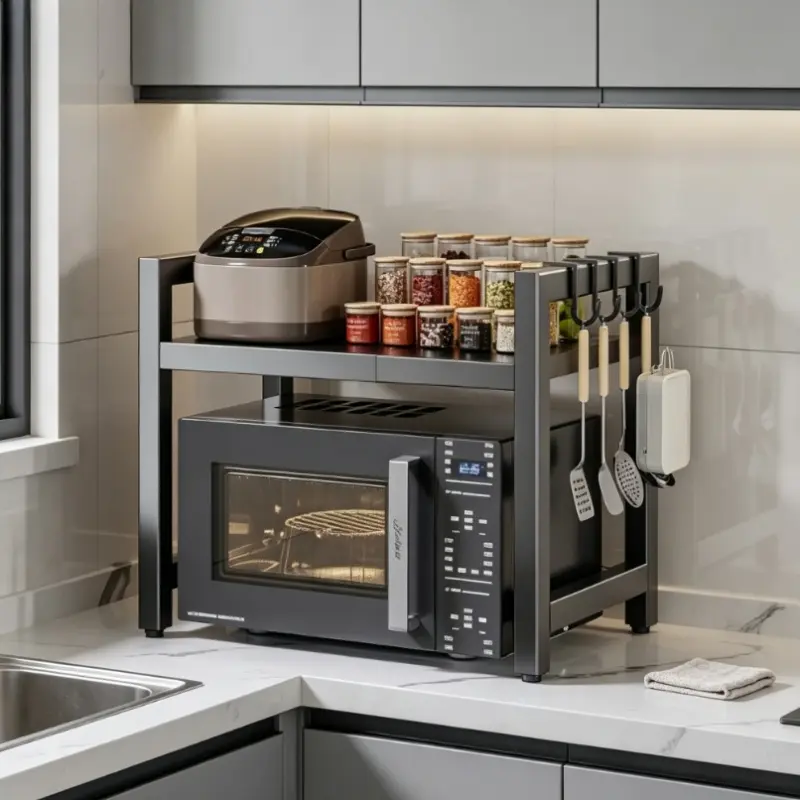 Simple Extendable Kitchen Microwave Rack, Multi-Layer Storage Shelf for Oven, Rice Cooker, Spices, Waterproof and Rust-Resistant