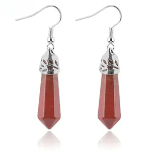 Hexagon Gem Stone Dangle Hook Earring Healing Raw Onyx Quartz Lazuli Tiger Eye Rhodonite Peacock Stone Women Jewelry E091
