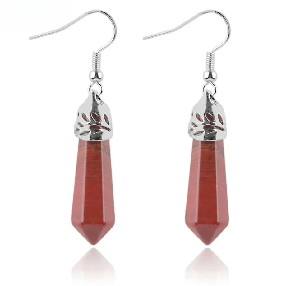 Women's 36x9x8 mm Hexagonal Natural Gems Raw Crystals Dangle Hook Earrings - Healing Jewelry with Black Onyx, Rose Quartz, Lapis Lazuli, Amethyst, Green Aventurine, Tiger Eye, Rhodonite, Peacock Stone, Red Jasper - Female Adult Jewelry E091