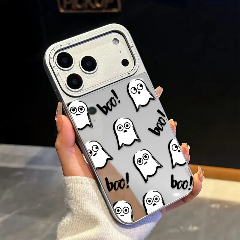 Glossy Mirror iPhone Series Case, 2-in-1 Electroplated Luxury Silver Ghostly Boo Pattern Silicone Shell, Compatible with iPhone 17 Air/16/15/14/13/12 Pro Max Plus, Shockproof Anti-Drop Full Protection