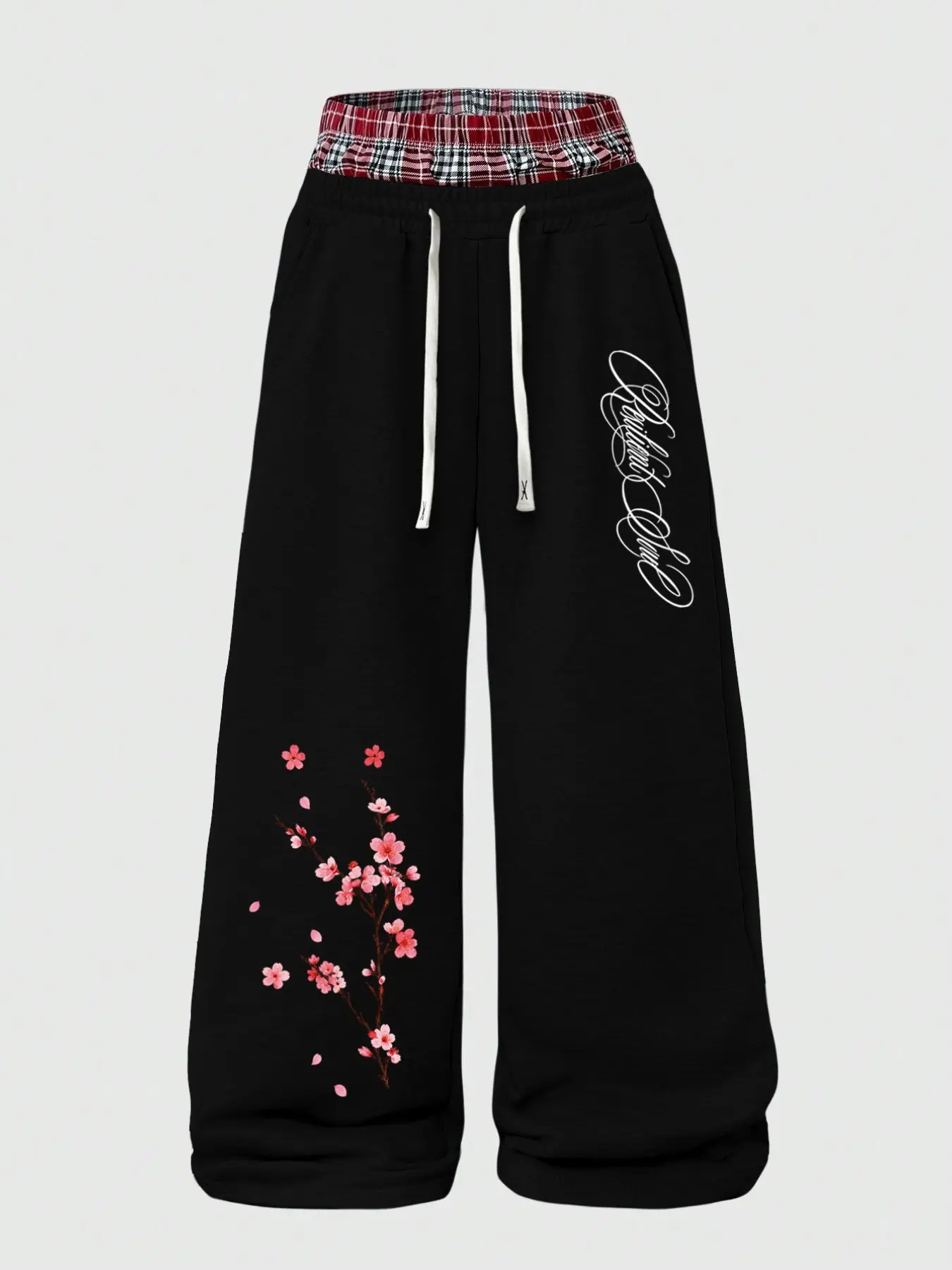 Men's cherry blossom print wide-leg pants, drawstring loose pants, gothic street casual pants