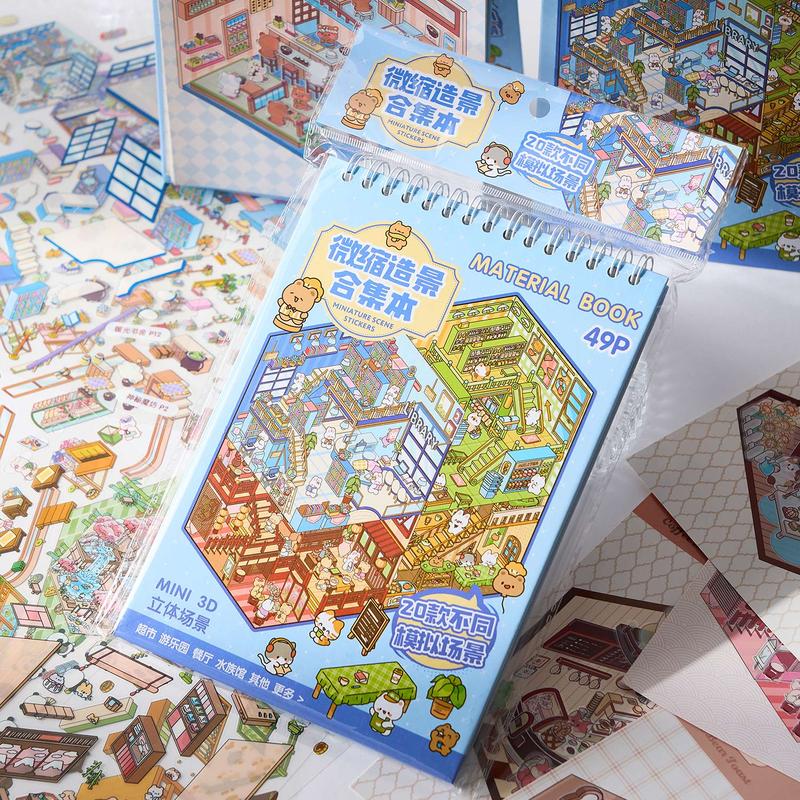 Miniature Business Town Scene Sticker Book, 49pcs/set DIY Decorative Sticker Book, Scrapbooking & Journal Making Material Paper, Birthday Gift, Sticker Album