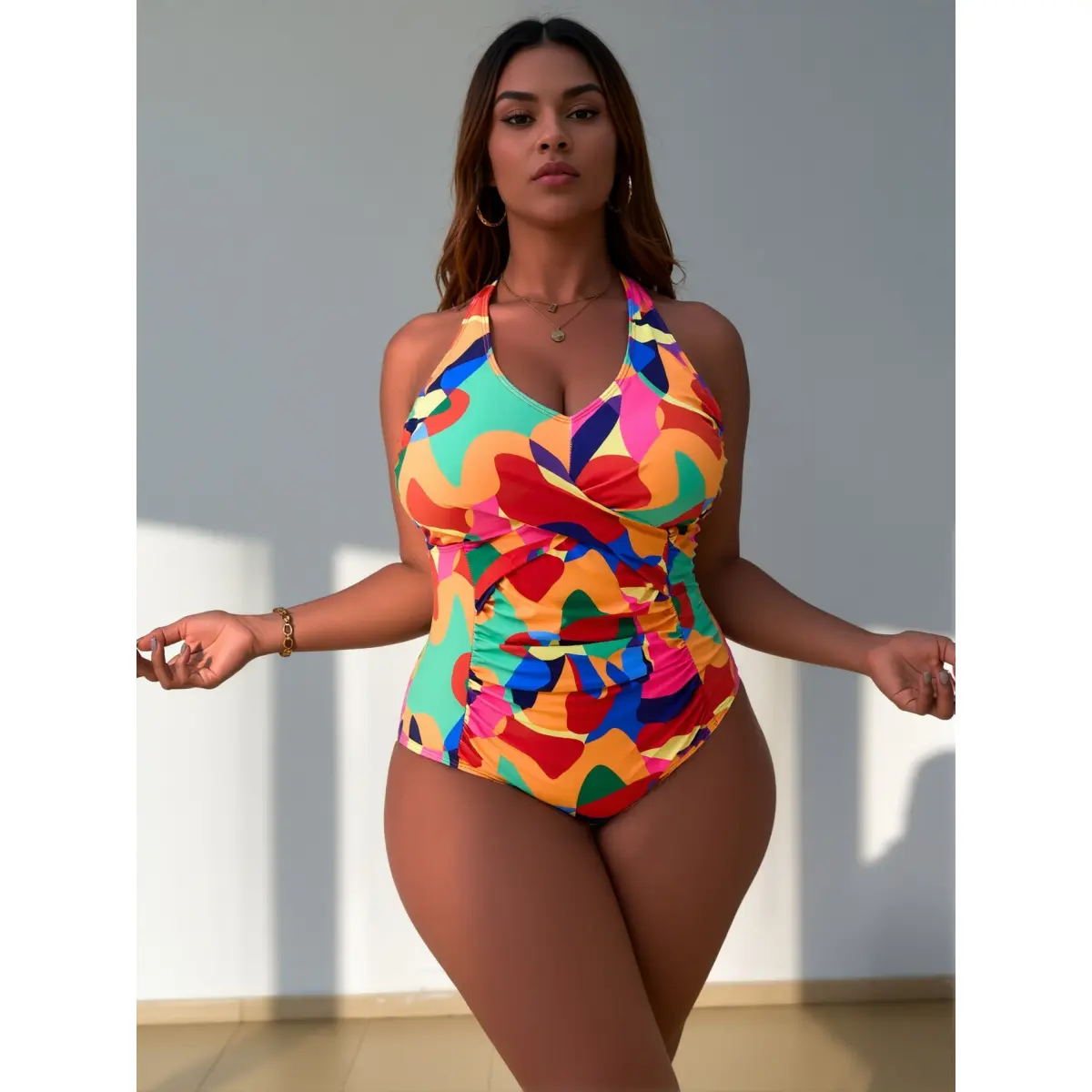Plus Size One Piece Swimsuit for Curvy Women 2026, Rainbow Colorful Abstract Geometric Print Tummy Control Bathing Suit, V Neck Criss Cross Back Adjustable Straps Side Ruched High Cut Full Coverage Swimwear for Beach Vacation Pool Party Cruise Resort Trop