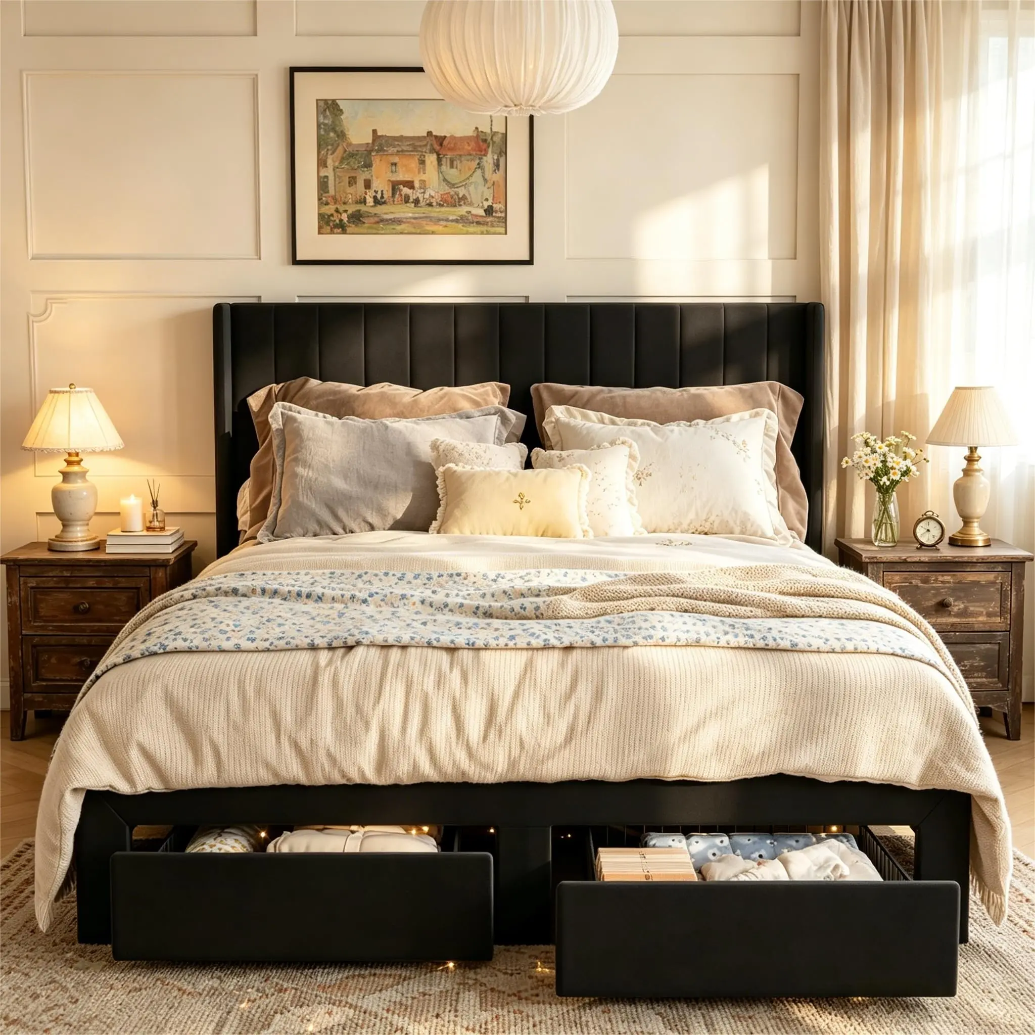 Velvet Upholstered Platform Bed Frame with Wingback Headboard, Built-In Drawers & Storage Organization - Multi-Size (Queen/King/Full), Beige - Elegant Bedroom Solution