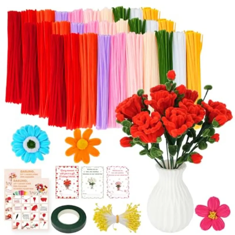 1000pcs Twisty Sticks Floral Making Kit, Includes Instructions, 8 Colors Thick Chenille Stems, Greeting Cards, Wire, Tape, Petals, DIY Art Supplies