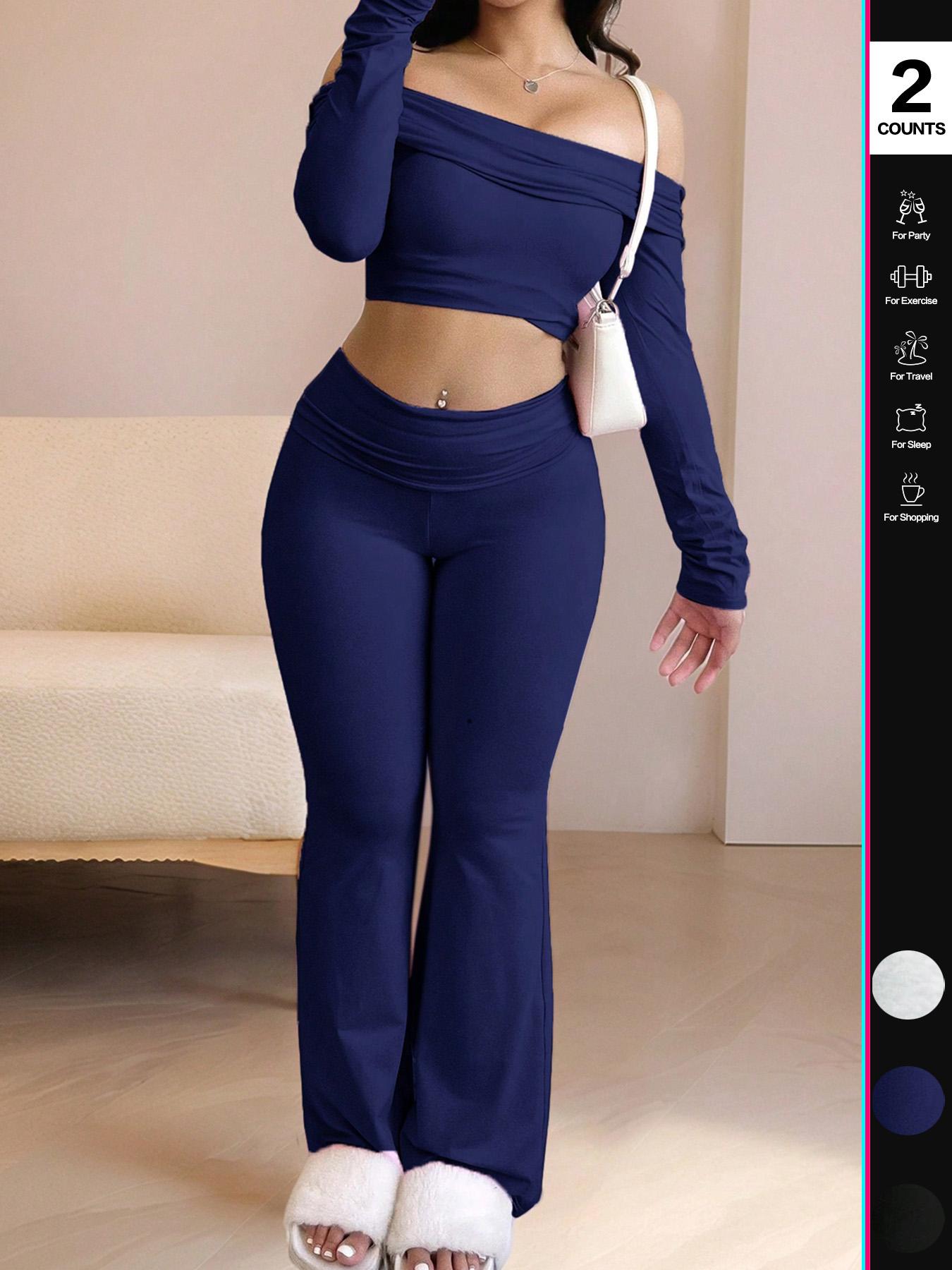 Women's Two-Piece Set, Off-The-Shoulder Long Sleeve Crop Top & Pants, Solid Color for Casual Wear, Stylish Women's Clothing,Airport Outfit