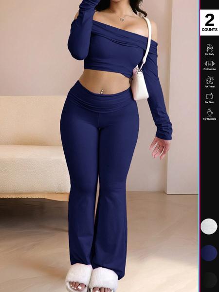 Women's Two-Piece Set, Off-The-Shoulder Long Sleeve Crop Top & Pants, Solid Color for Casual Wear, Stylish Women's Clothing,Airport Outfit