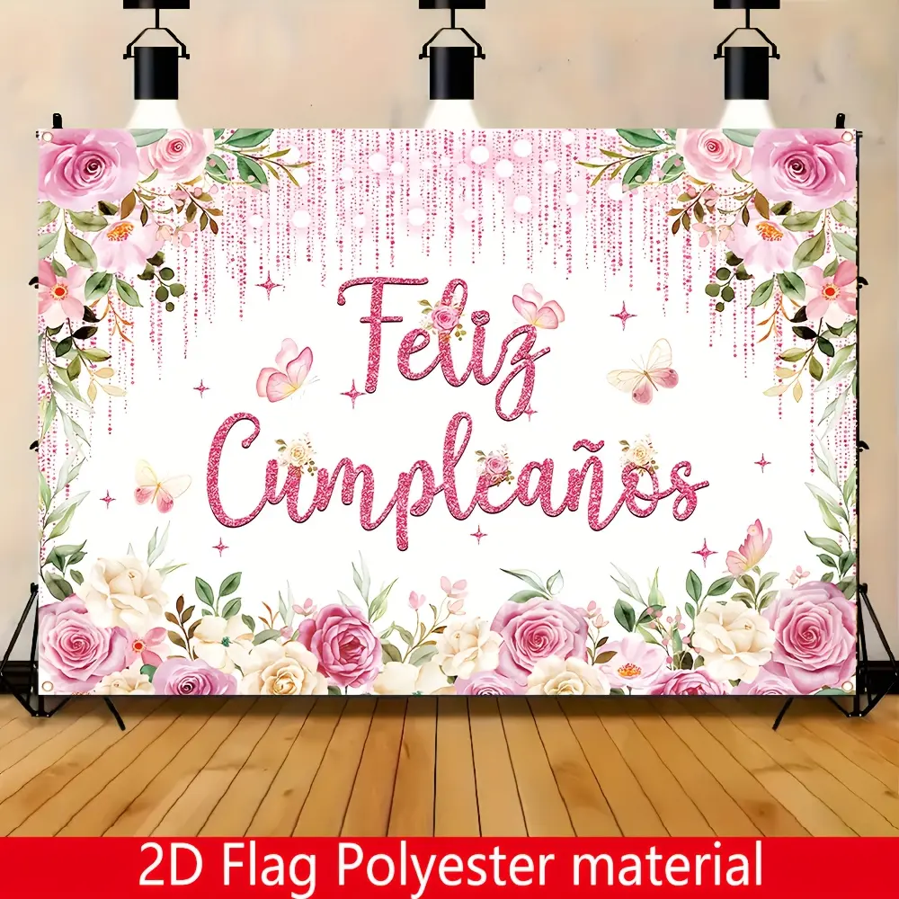 Hot Sale Elegant Floral Happy Birthday Backdrop | 2D Flat Banner Polyester Fabric Banner | Vintage Rose & Butterfly Design | Single-Sided with Metal Grommets for Easy Hanging Party Decor**