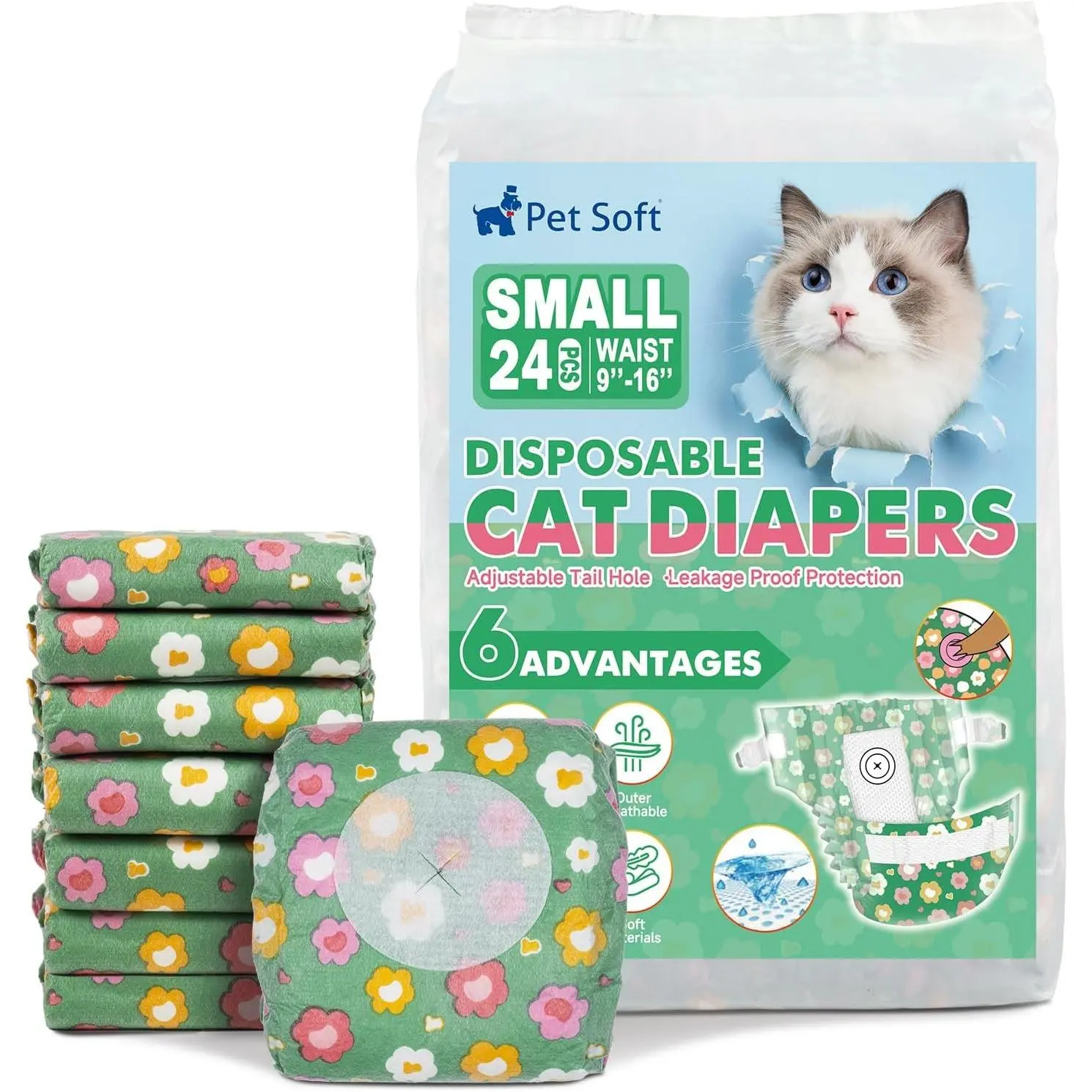 Soft Disposable Diapers for Female & Male Cats, Female Puppy Dogs with Adjustable Foam Tail Hole, Small 24Pcs, GN Flowers