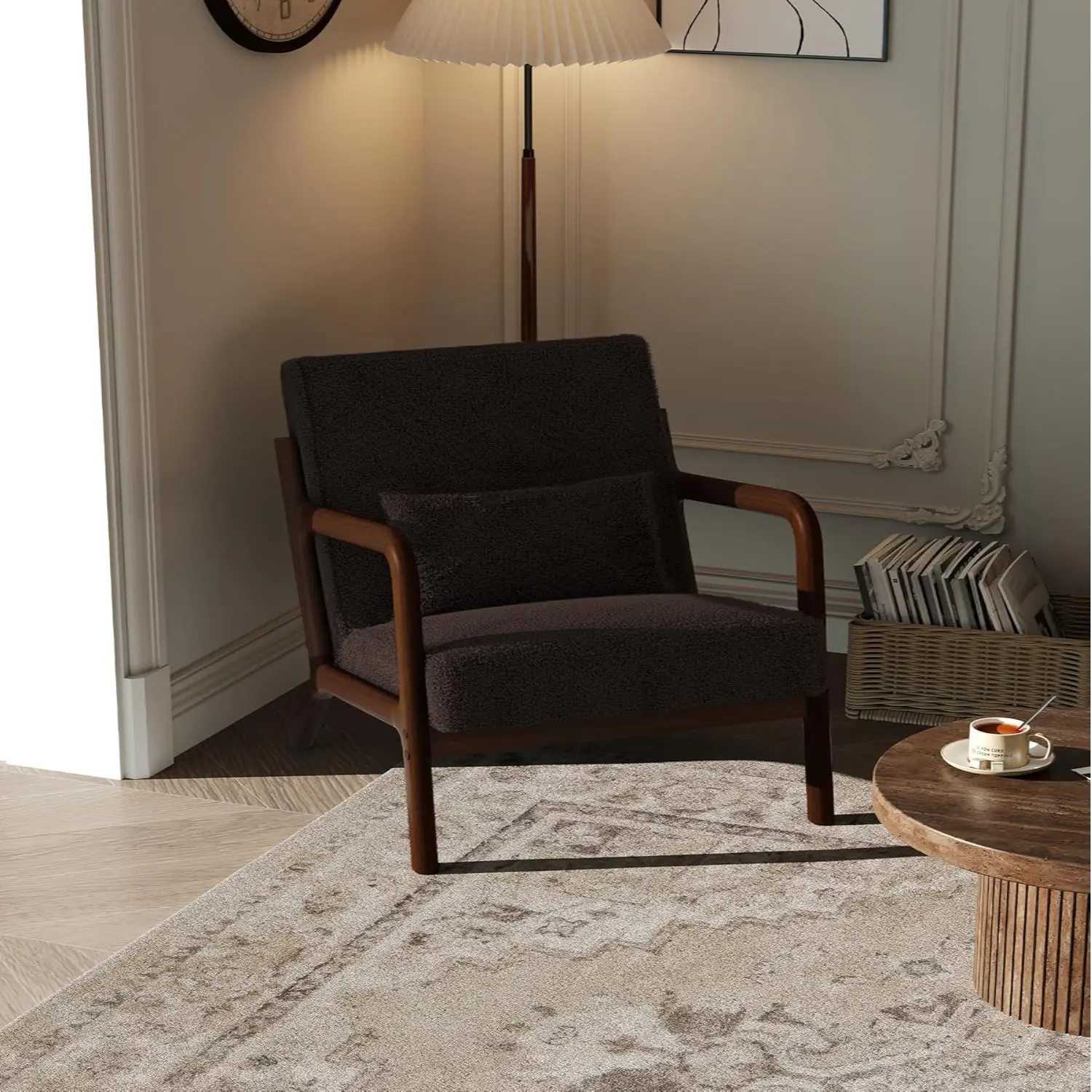 Easy Assembly, Sturdy Wood Frame,  Comfy Lounge Armchair, Removable Lumbar Pillow，Mid-Century Modern Corduroy Accent Chair – Soft Chenille Upholstery