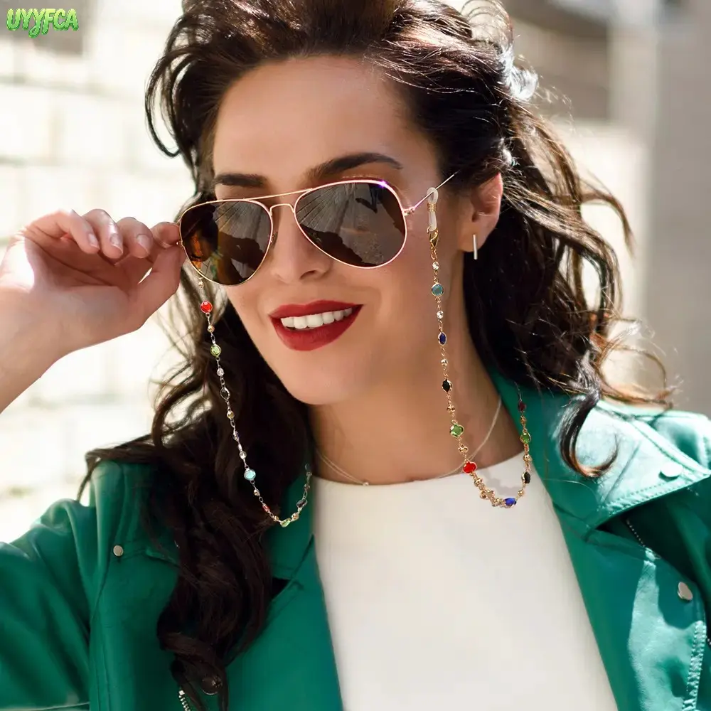 Colorful Rhinestone Eyeglass Chain for Women,Anti Slip Sunglasses Strap and Mask Lanyard, Sparkly Boho Y2K Aesthetic Gold Tone Eyewear Holder Necklace, Lightweight Decorative Accessory