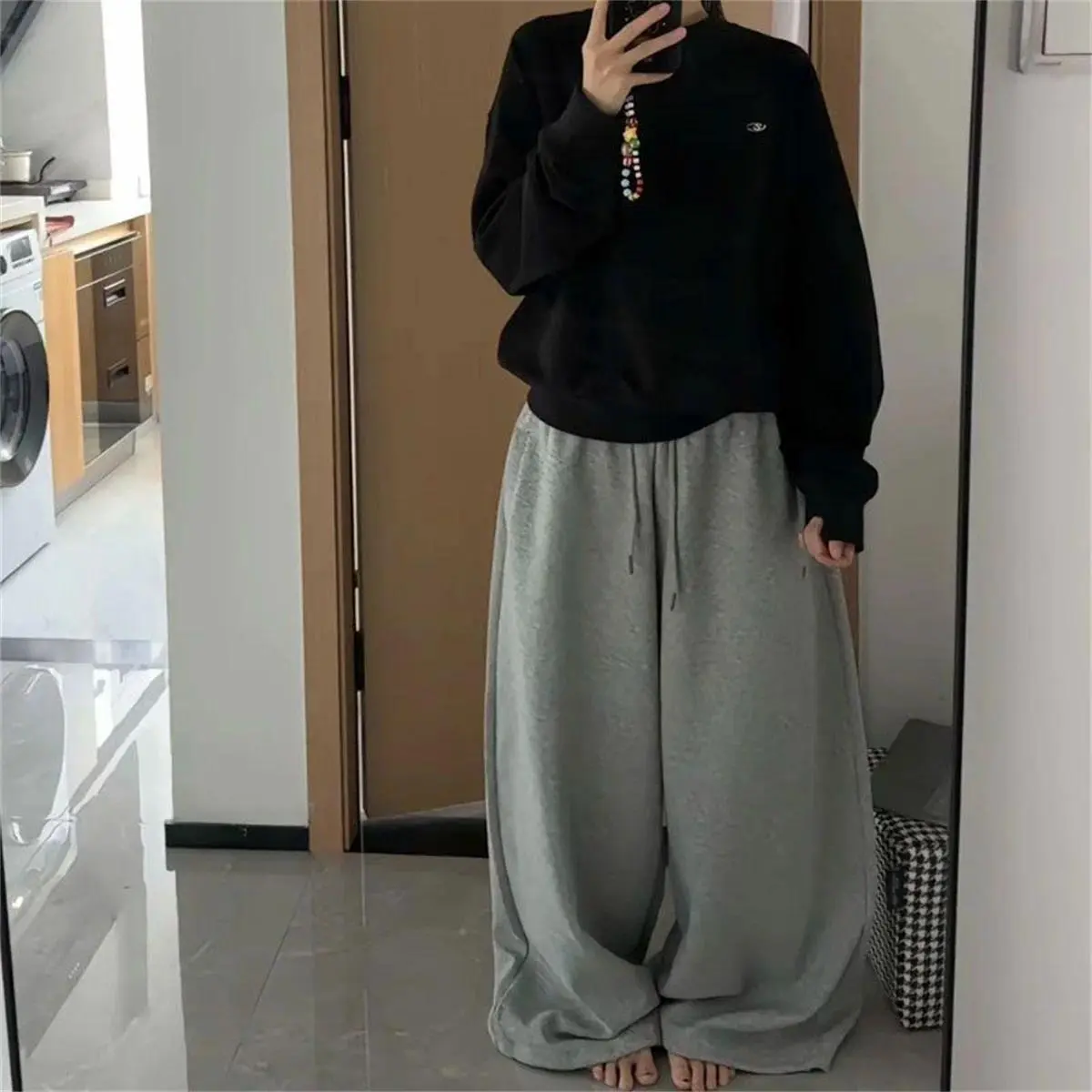 Oversize Woman Grey Black Sweatpants Y2K Korean Streetwear Loose Casual Jogger Pants High Waist All Match Drawstring Trousers