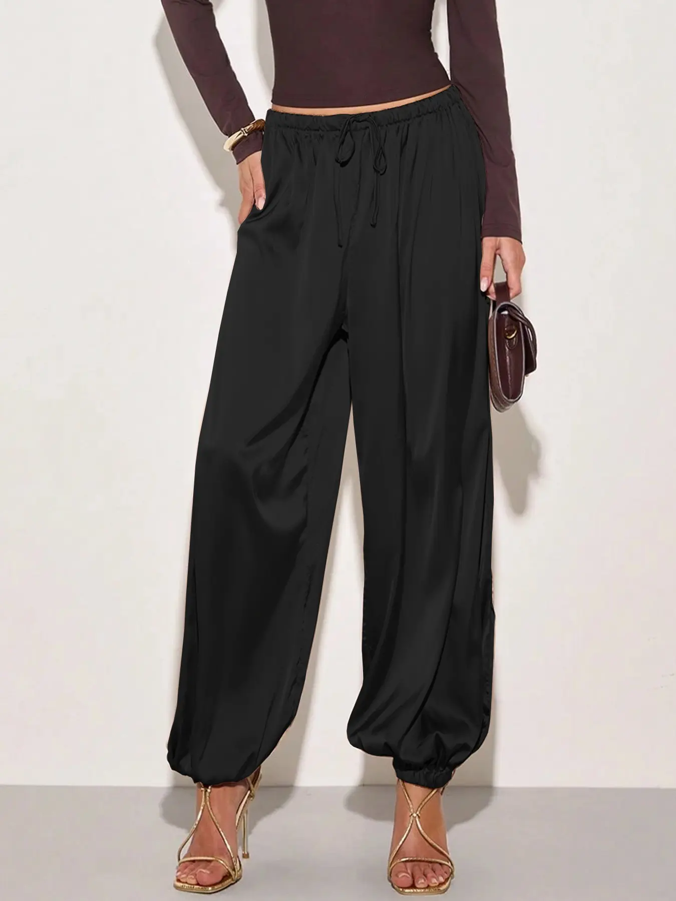 Women's Summer Casual Solid Satin Waist Tie Pleated Wide Leg Loose Harem Pants, Solid Adjustable Drawstring Long Pants, Loose Baggy Pants, Ideal for Outdoors and Daily Wear, Bottoms
