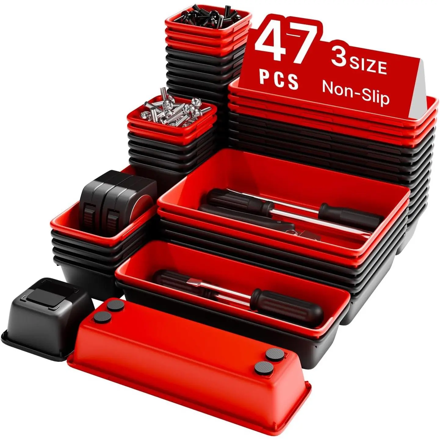 Toolbox Organizer Trays, Tool Chest Drawer Organizer with Non-Slip EVA Pads – 47pcs Red and Black Interlocking Trays for Workbench, Rolling Tool Cart, Garage
