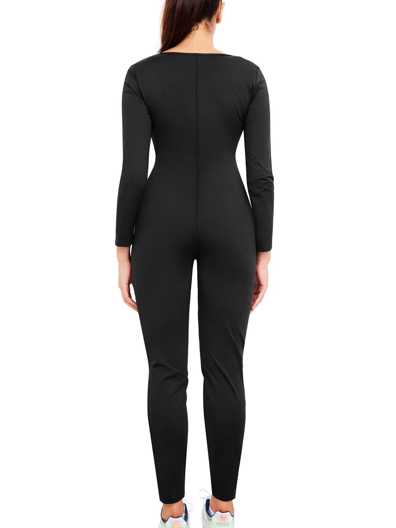 Women's Solid Zip Up Sauna Sports Jumpsuit, Sporty Long Sleeve Square Neck Jumpsuit for Yoga Gym Workout, Ladies Sportswear Stretchable Activewear for All Seasons, Gym Workout Clothes