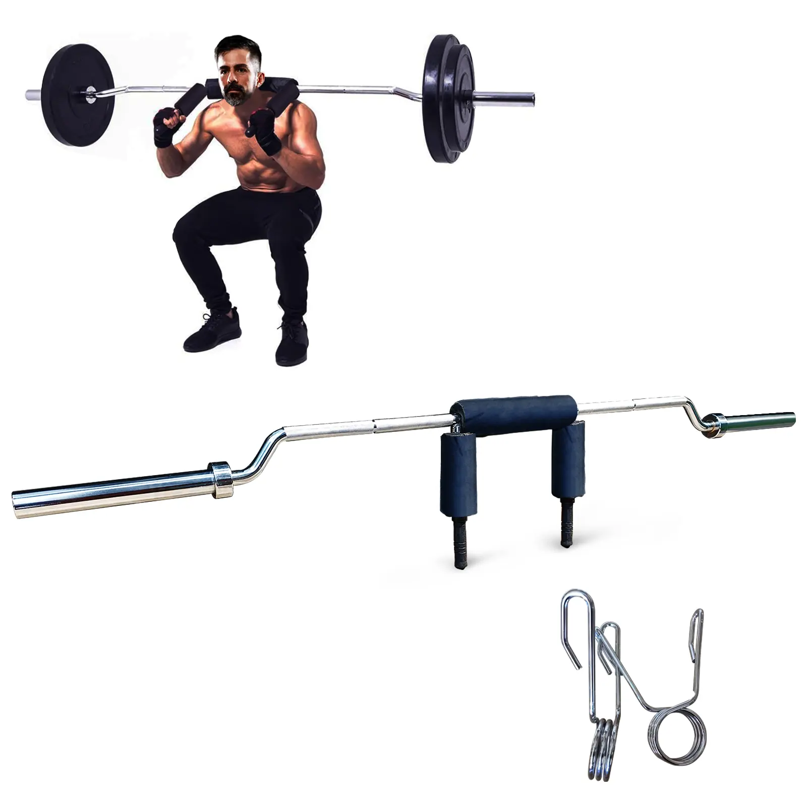 Safety Squat Barbell 700LB Capacity – Comfortable Neck & Shoulder Pads – 2-Inch Sleeves – Includes 2 International Sports Event Barbell Clips – Perfect for Squats, Lunges, Powerlifting, Fitness Training, Rehab