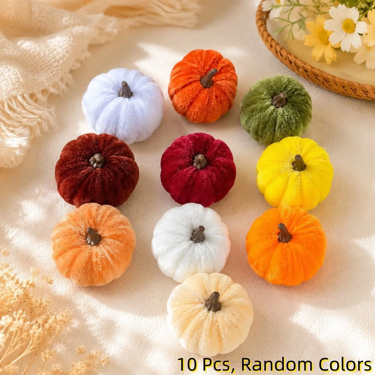 10Pcs Velvet Artificial Pumpkin Decorative Set, Soft Faux Velvet Mini Pumpkins Tabletop Ornaments, Living Room Farmhouse Home Decor, Halloween Thanksgiving Autumn Harvest Festival Party Table Centerpieces Decoration
