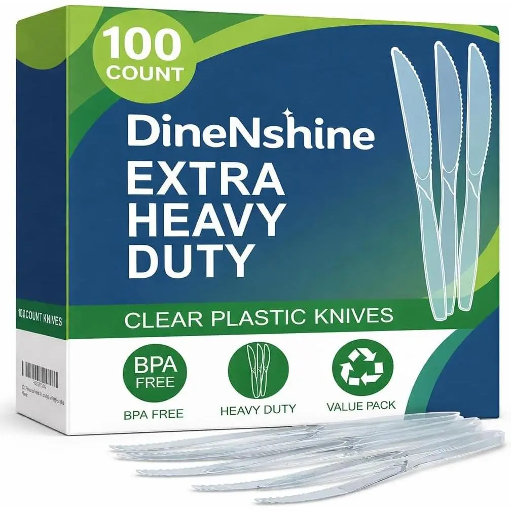 100 Pieces Clear Heavy Duty Disposable BPA-Free Heat Resistant Durable Solid Premium Plastic Knives for Party Supplies