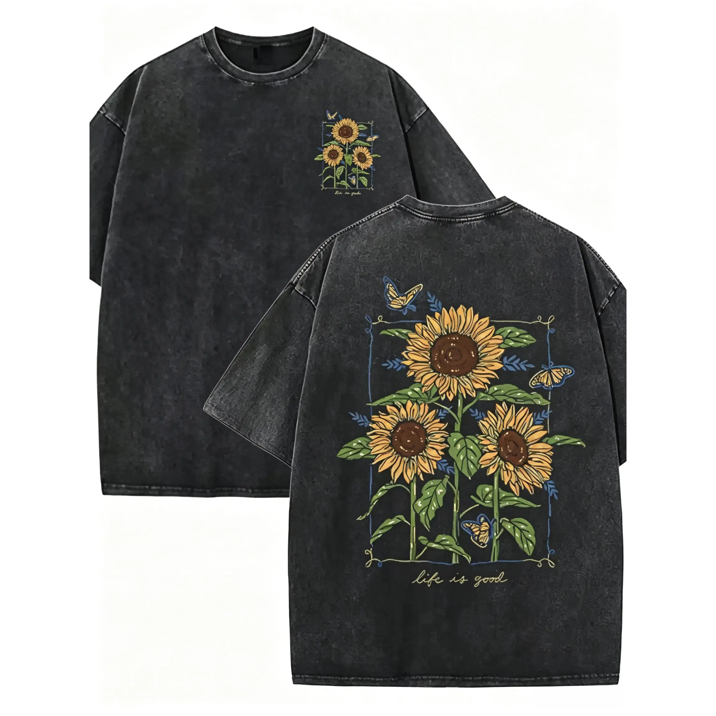 Sunflower Graphic Tee Women Oversized Tshirt Vintage Floral Print Black Washed Shirt Butterfly Botanical Flower Graphic Tee Cottagecore Style Casual Top