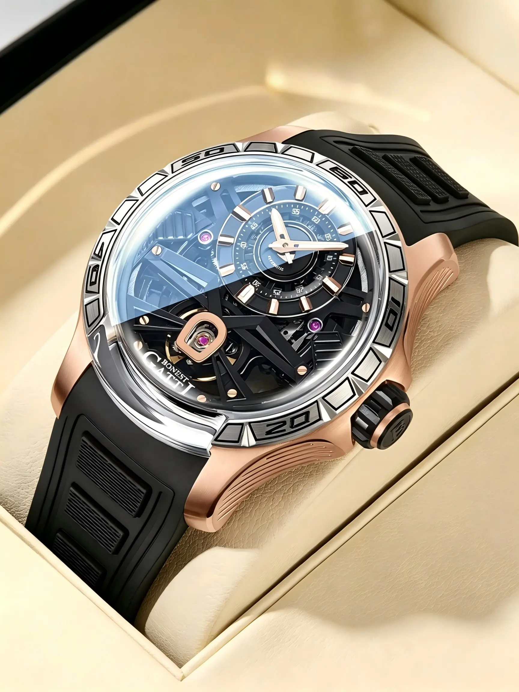 Bonestgatti Business Men's Automatic Mechanical Watch, Hollow Large Dial, Sapphire Crystal, Fluorine Rubber Strap, Waterproof, Luminous, Luxury Men's Watch Bg4004