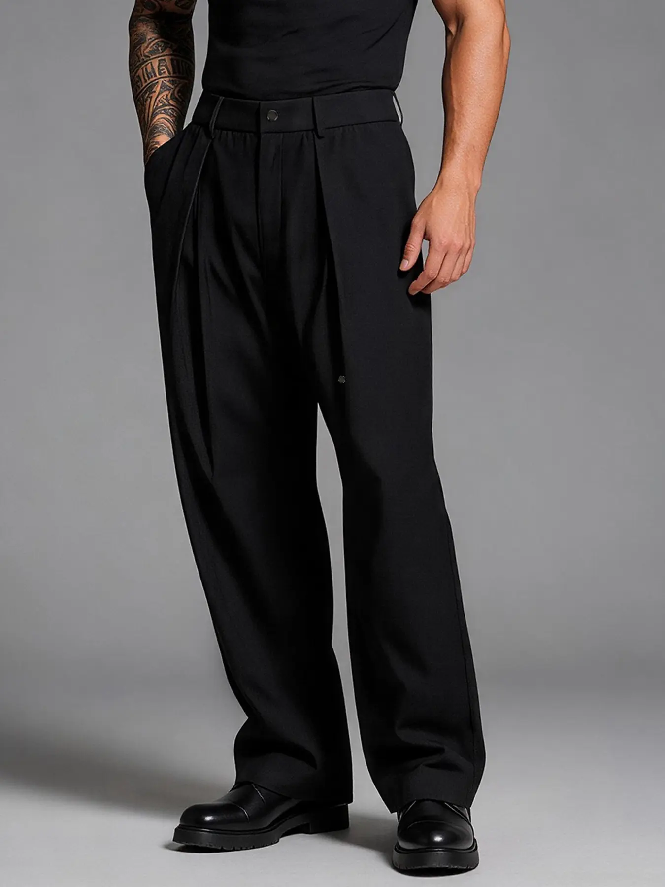 Men's High Waist Pleated Wide Leg Dress Pants, Casual Straight Leg Trousers with Button Detail, Relaxed Fit Business & Streetwear Pants for Men, Menswear
