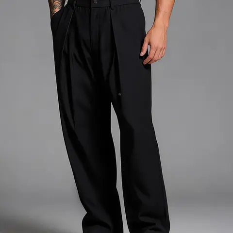 Men's High Waist Pleated Wide Leg Dress Pants, Casual Straight Leg Trousers with Button Detail, Relaxed Fit Business & Streetwear Pants for Men Suit Pants