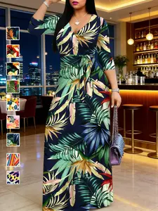 Elegant V-Neck Printed Statement Dress with High Waist and Belt, Perfect for Holidays and Parties, Ideal for Mother's Day, Valentine's Day, Christmas, Elegance